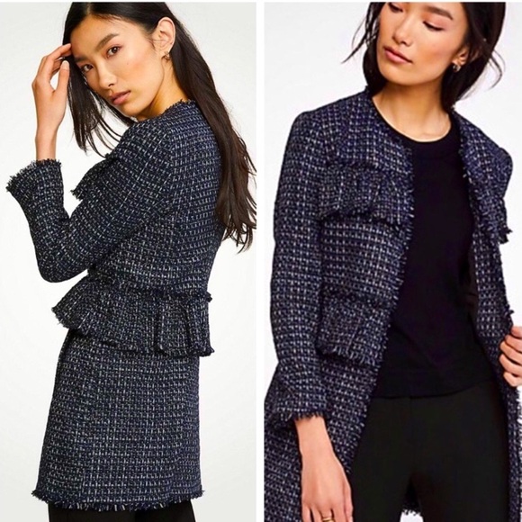 NEW Ann Taylor Fringe Tweed Coat Ruffled Tiered Fully Lined Navy Blue/Silver S - Picture 1 of 16